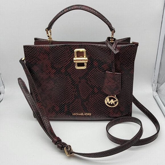 Michael Kors Penelope Python Embossed Faux Leather Satchel Merlot - Picture 1 of 7